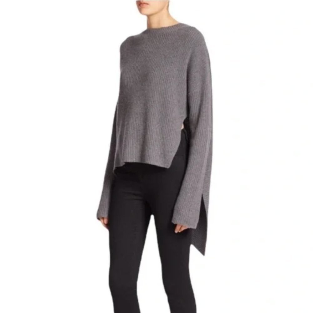 Brochu Walker Gray Ribbed Wool Asymmetric Pullover Sweater